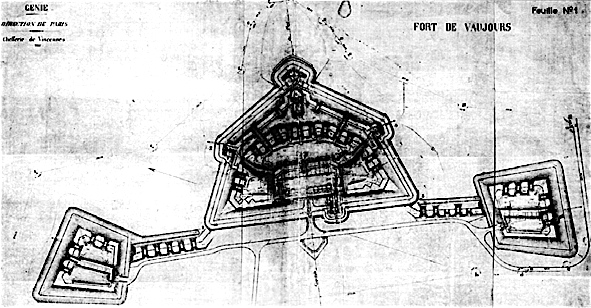 Un plan d'origine du fort central et ses deux batteries