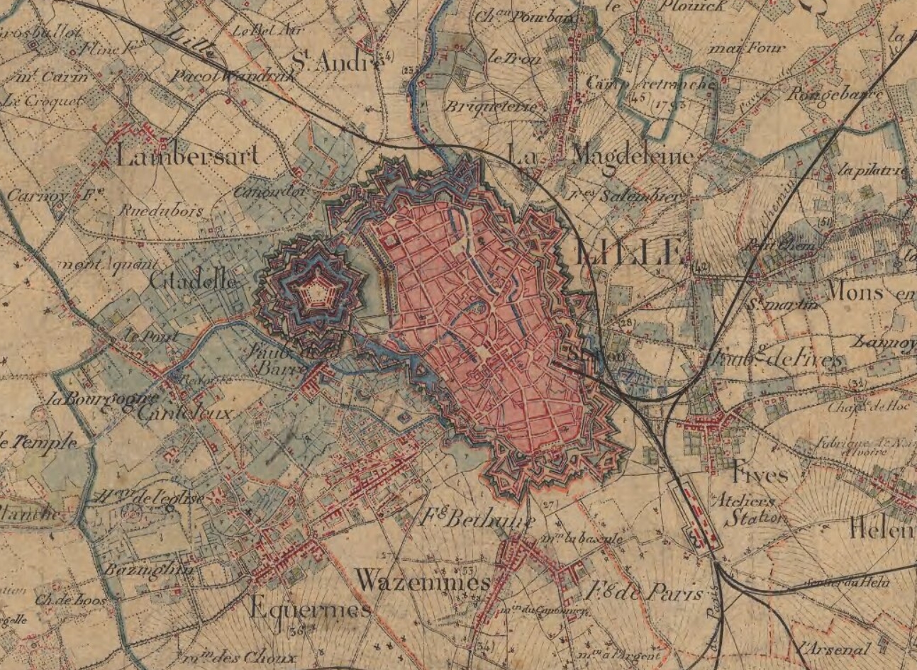 Lille et ses fortifications autour de 1850.
Image Géoportail