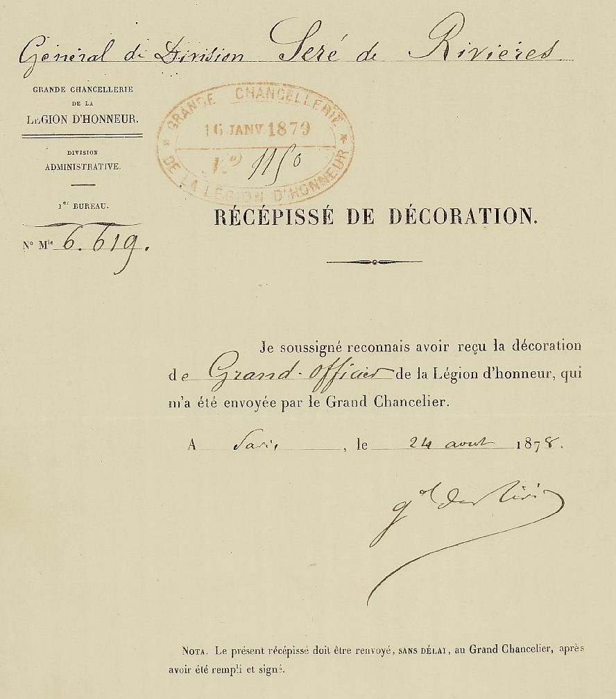 Récépissé signé de la main de Séré de Rivières lorsqu'il reçoit sa décoration de Grand-officier de la Légion d'honneur